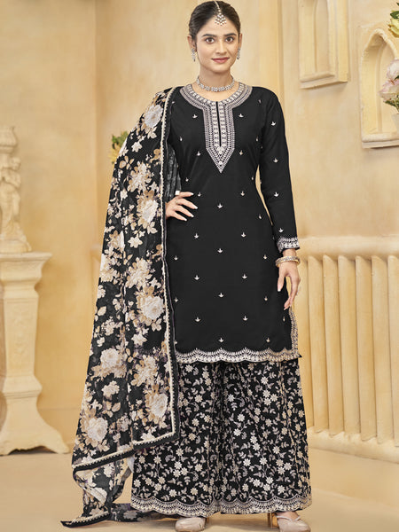 Black Roman Silk Embroidered Palazzo Suit