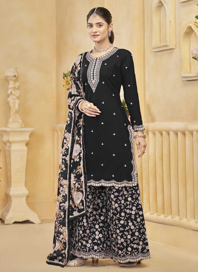 Black Roman Silk Embroidered Palazzo Suit