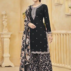 Black Roman Silk Embroidered Palazzo Suit