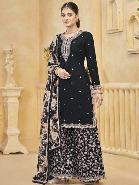 Black Roman Silk Embroidered Palazzo Suit