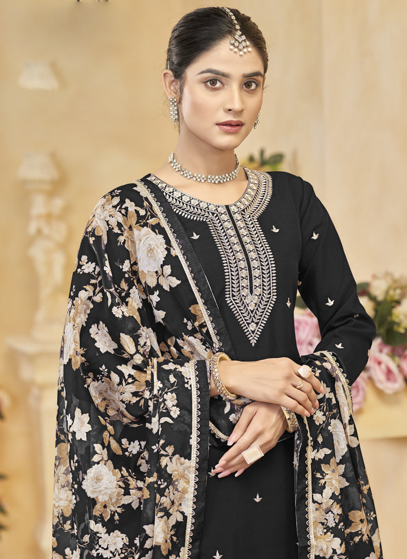 Black Roman Silk Embroidered Palazzo Suit