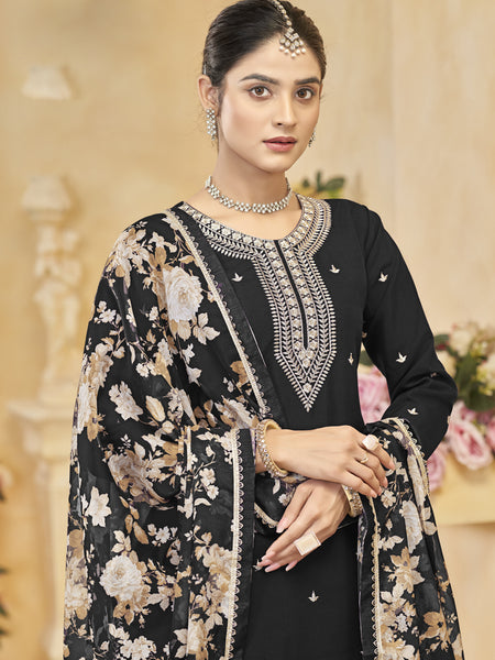 Black Roman Silk Embroidered Palazzo Suit
