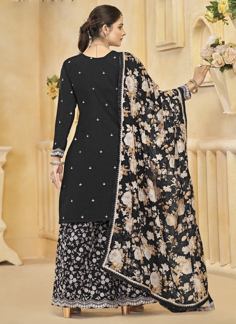 Black Roman Silk Embroidered Palazzo Suit
