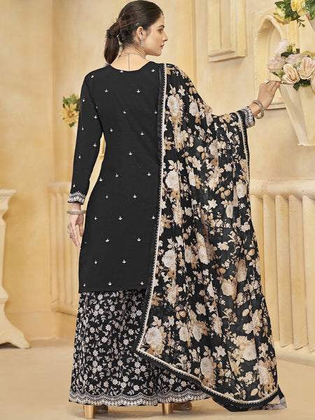 Black Roman Silk Embroidered Palazzo Suit