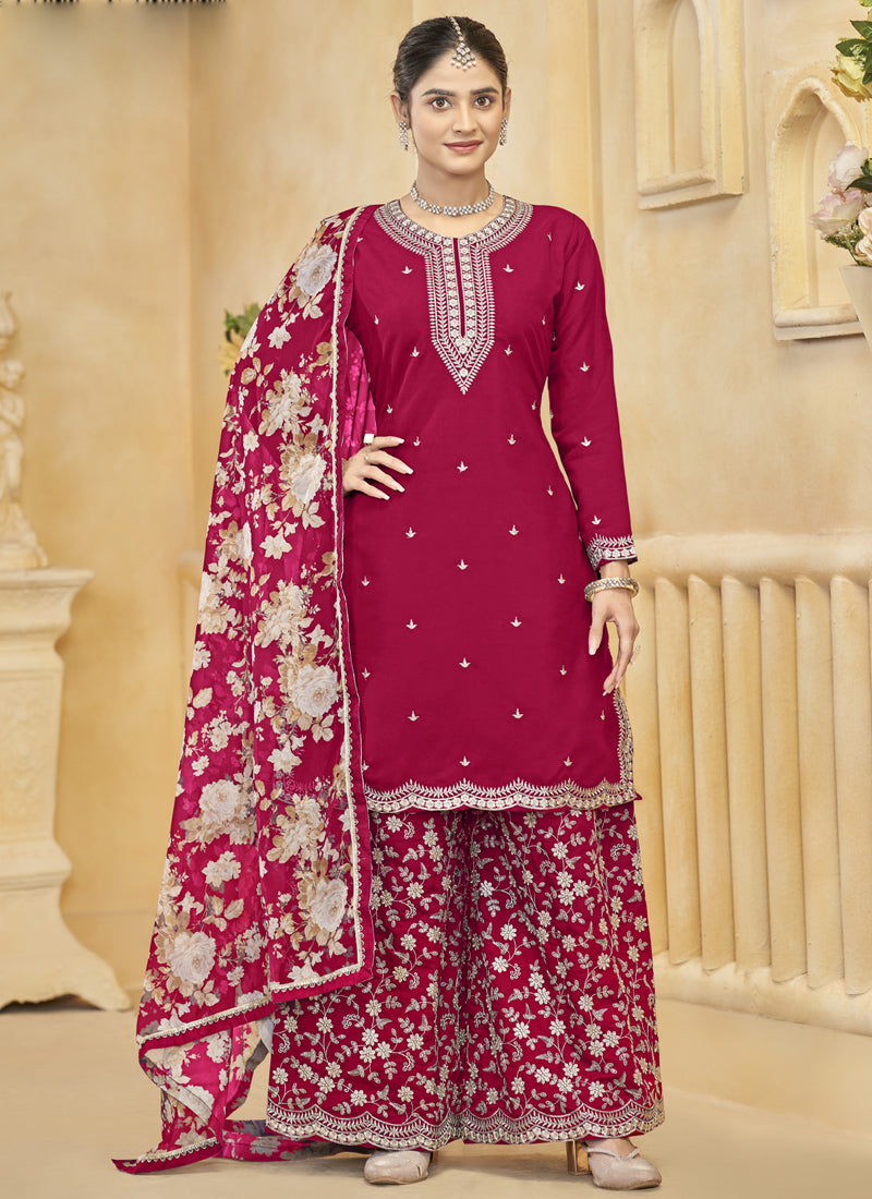 Rani Pink Roman Silk Embroidered Palazzo Suit