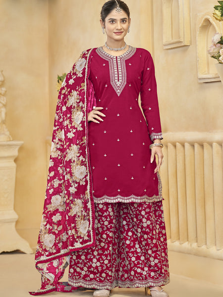 Rani Pink Roman Silk Embroidered Palazzo Suit