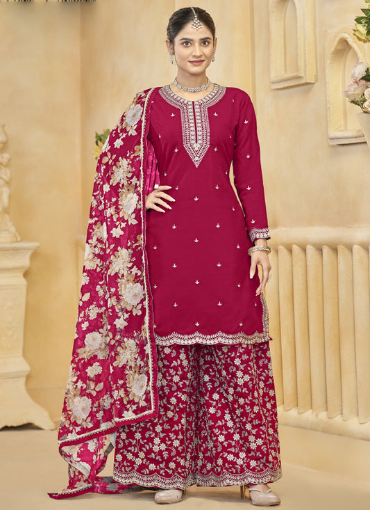 Rani Pink Roman Silk Embroidered Palazzo Suit