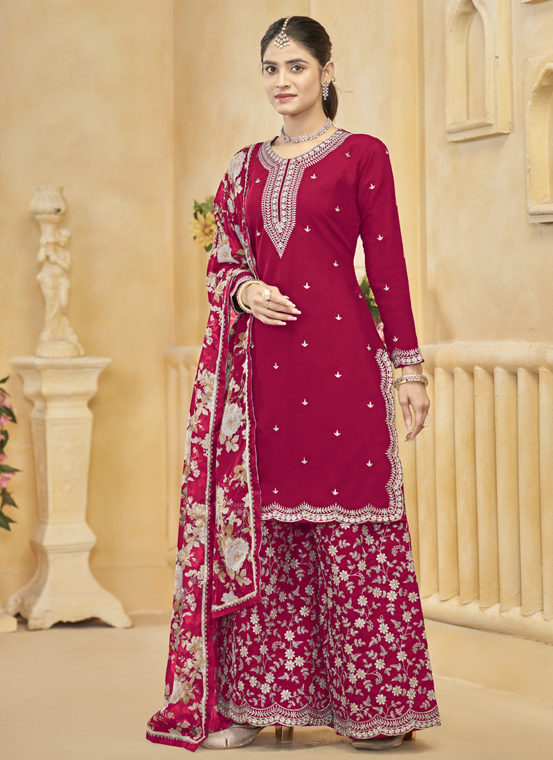 Rani Pink Roman Silk Embroidered Palazzo Suit