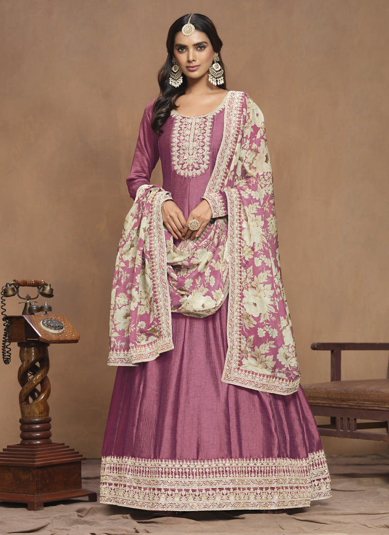 Onion Pink Art Silk Embroidered Anarkali Suit
