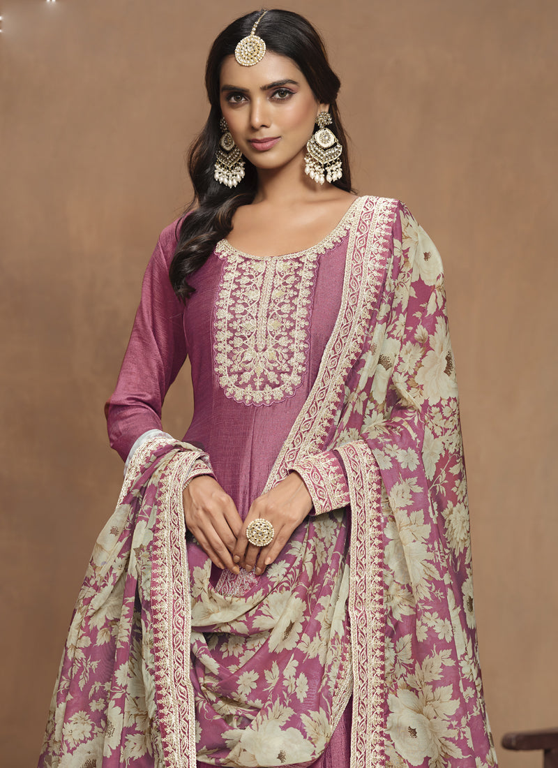 Onion Pink Art Silk Embroidered Anarkali Suit