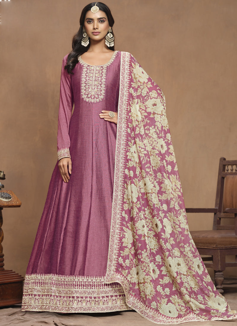 Onion Pink Art Silk Embroidered Anarkali Suit