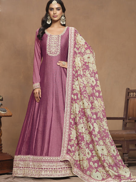 Onion Pink Art Silk Embroidered Anarkali Suit