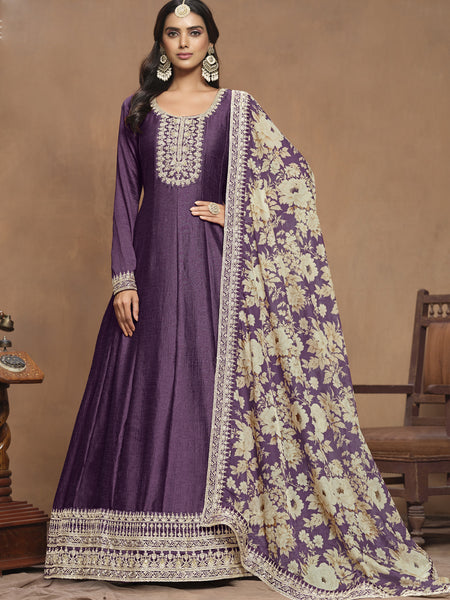 Purple Art Silk Embroidered Anarkali Suit