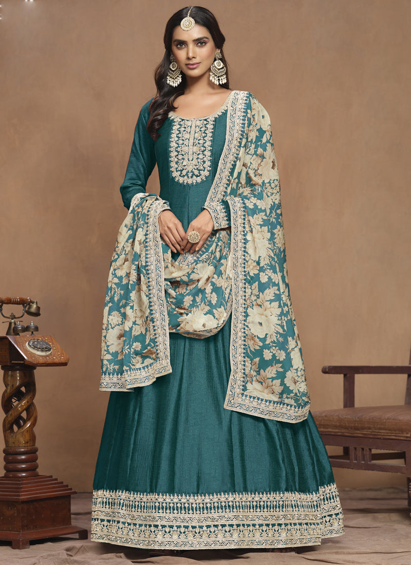 Turquoise Art Silk Embroidered Anarkali Suit