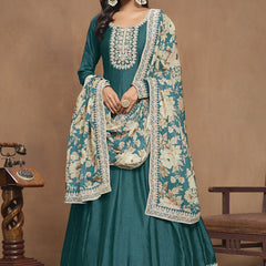 Turquoise Art Silk Embroidered Anarkali Suit