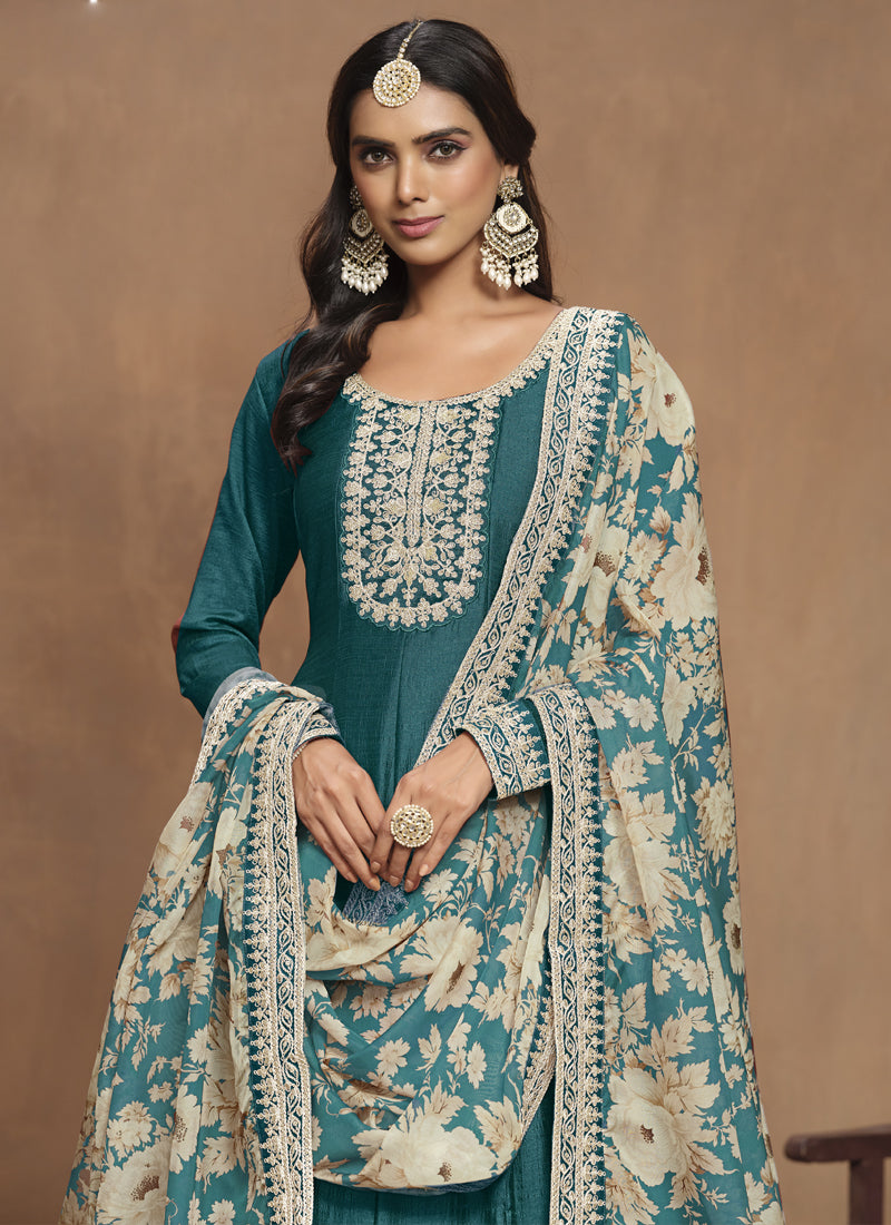 Turquoise Art Silk Embroidered Anarkali Suit