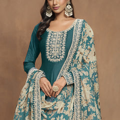 Turquoise Art Silk Embroidered Anarkali Suit