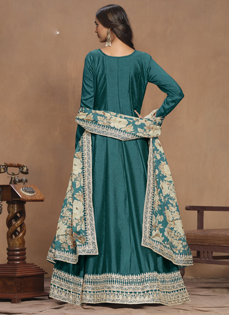 Turquoise Art Silk Embroidered Anarkali Suit