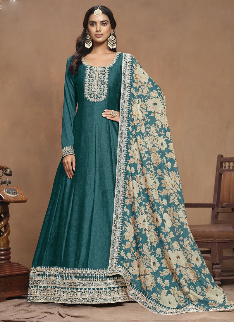 Turquoise Art Silk Embroidered Anarkali Suit