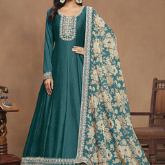 Turquoise Art Silk Embroidered Anarkali Suit