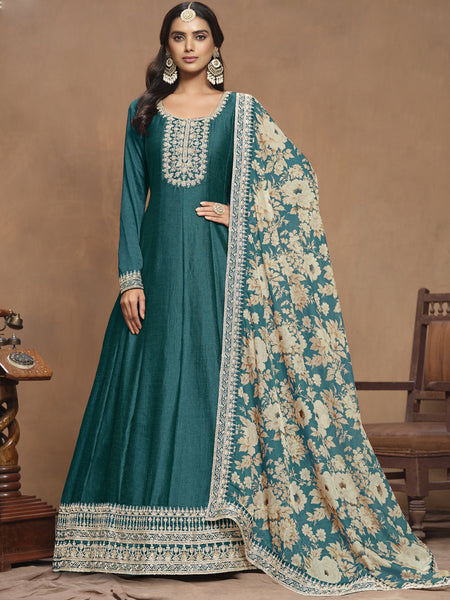 Turquoise Art Silk Embroidered Anarkali Suit