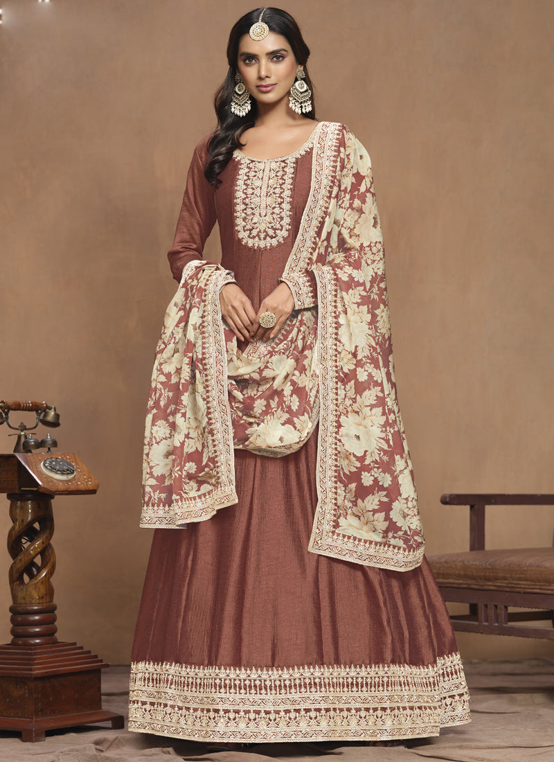 Brown Art Silk Embroidered Anarkali Suit