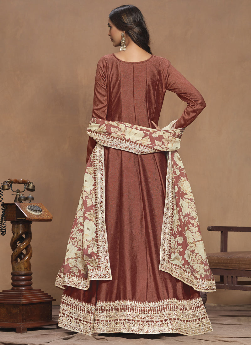 Brown Art Silk Embroidered Anarkali Suit