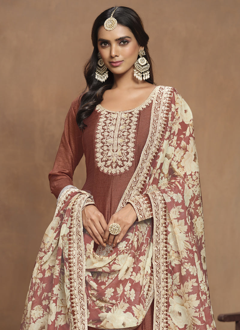 Brown Art Silk Embroidered Anarkali Suit