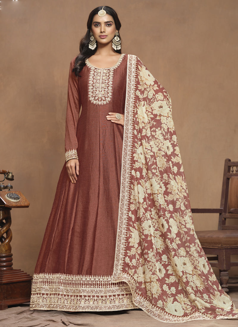 Brown Art Silk Embroidered Anarkali Suit