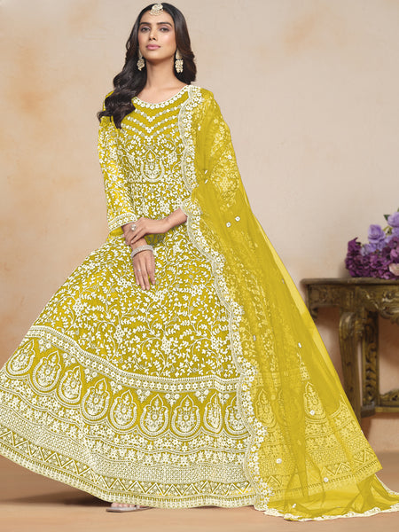 Yellow Net Embroidered Designer Anarkali Suit