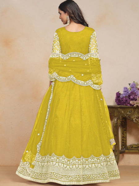 Yellow Net Embroidered Designer Anarkali Suit