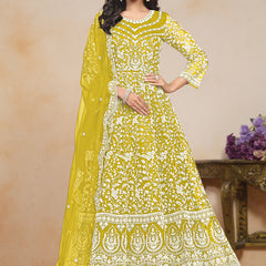 Yellow Net Embroidered Designer Anarkali Suit
