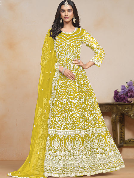 Yellow Net Embroidered Designer Anarkali Suit