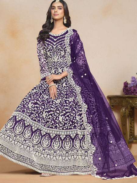 Violet Net Embroidered Designer Anarkali Suit