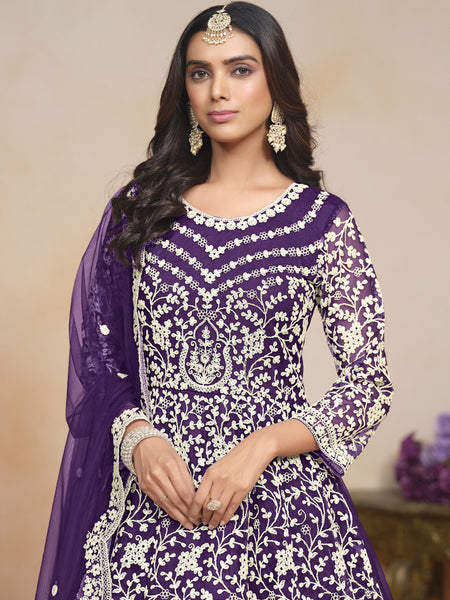 Violet Net Embroidered Designer Anarkali Suit