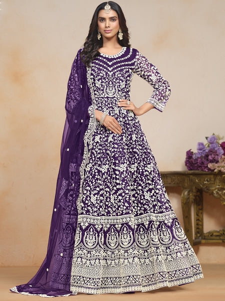 Violet Net Embroidered Designer Anarkali Suit