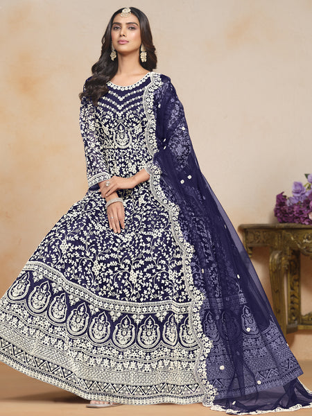 Blue Net Embroidered Designer Anarkali Suit