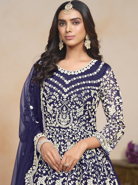 Blue Net Embroidered Designer Anarkali Suit