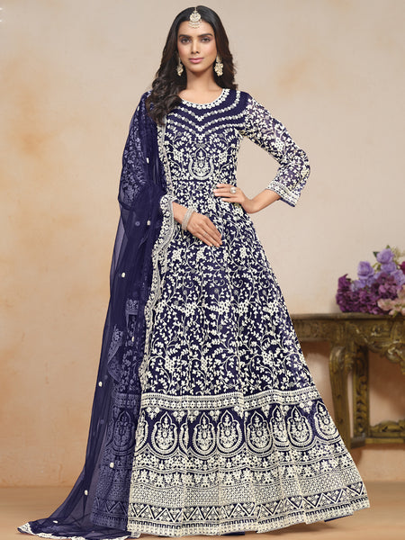 Blue Net Embroidered Designer Anarkali Suit