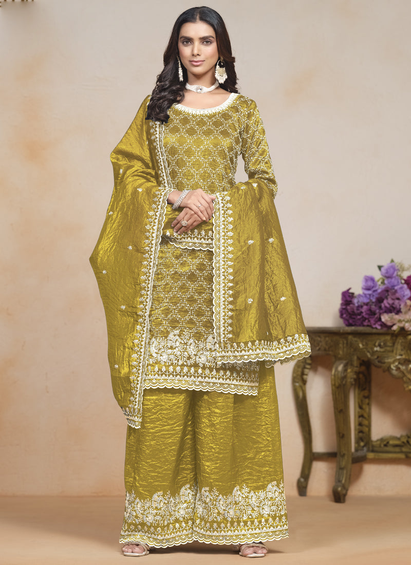 Yellow Silk Embroidered Designer Palazzo Suit