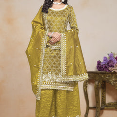 Yellow Silk Embroidered Designer Palazzo Suit