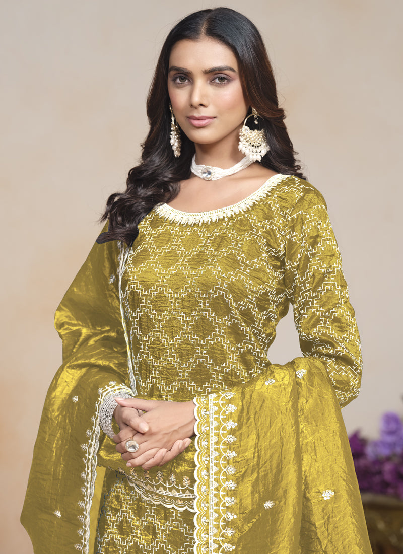 Yellow Silk Embroidered Designer Palazzo Suit