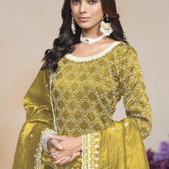 Yellow Silk Embroidered Designer Palazzo Suit