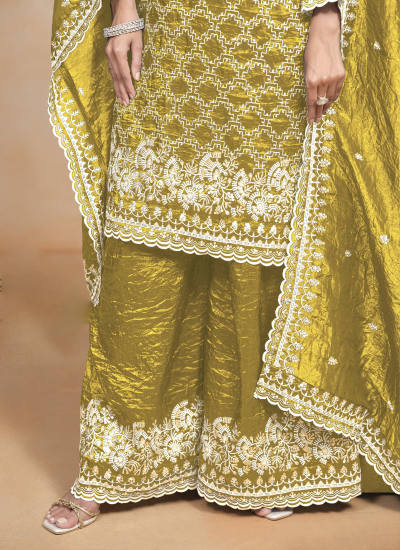 Yellow Silk Embroidered Designer Palazzo Suit