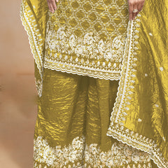 Yellow Silk Embroidered Designer Palazzo Suit