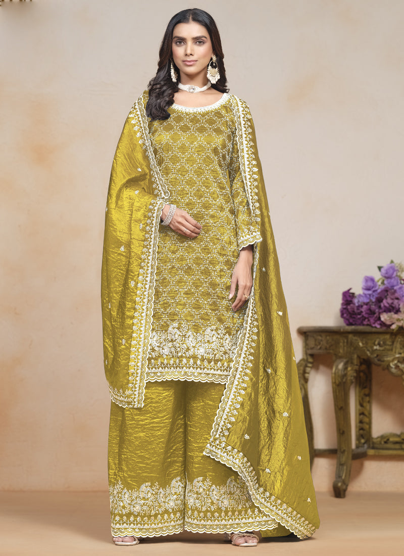 Yellow Silk Embroidered Designer Palazzo Suit