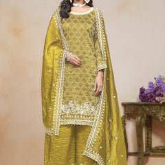 Yellow Silk Embroidered Designer Palazzo Suit