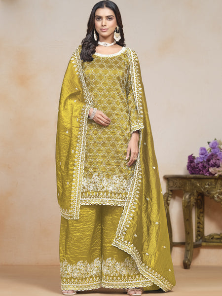 Yellow Silk Embroidered Designer Palazzo Suit