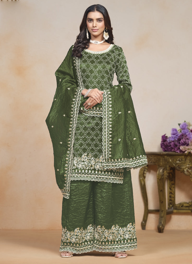 Mehendi Silk Embroidered Designer Palazzo Suit