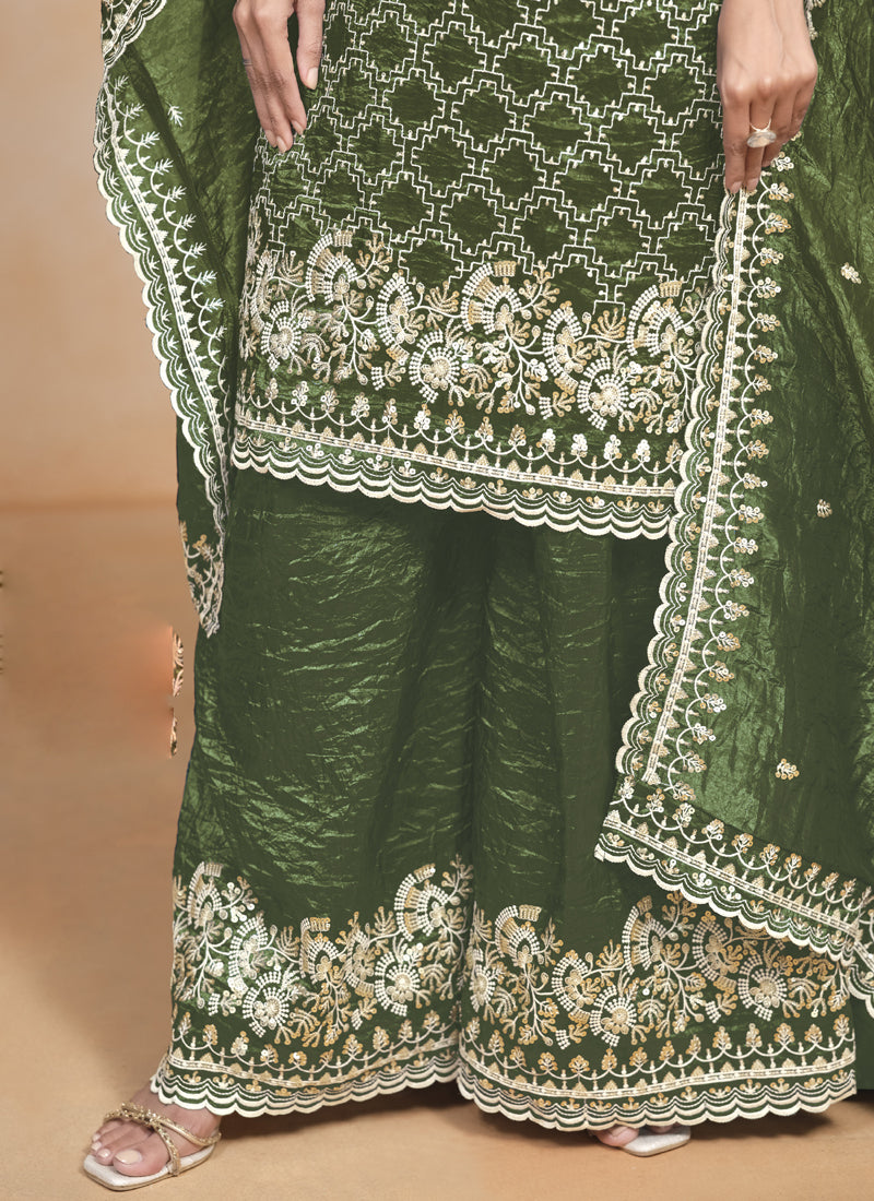 Mehendi Silk Embroidered Designer Palazzo Suit